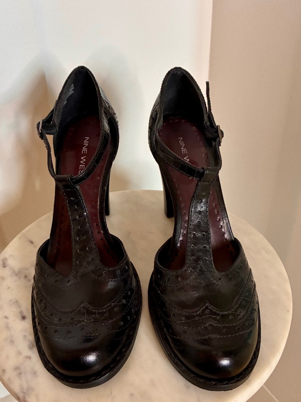 Nine West black t-strap wingtip heels